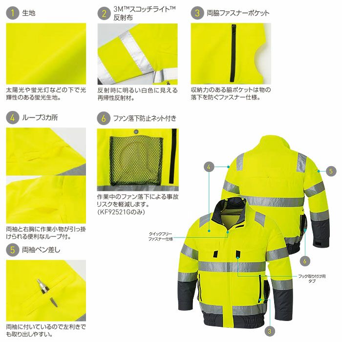 KF92521G フルハーネス対応Hi-Vis長袖ブルゾン サンエス SUN-S 空調風神服専用 春夏 作業服 作業着 S～6L ポリエステル100％