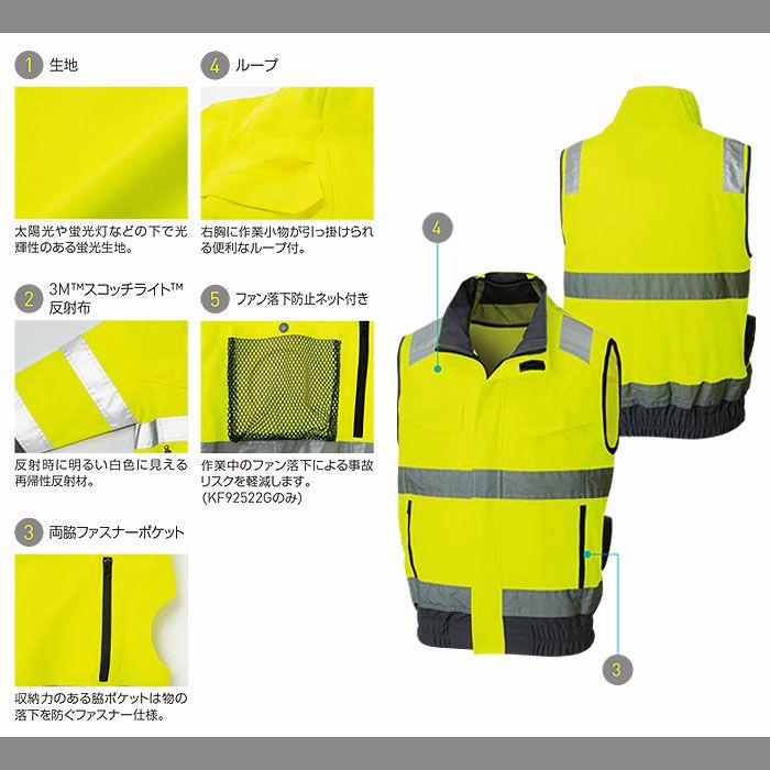 KF92522 Hi-Visベスト サンエス SUN-S 空調風神服専用 春夏 作業服 作業着 S～6L ポリエステル100％
