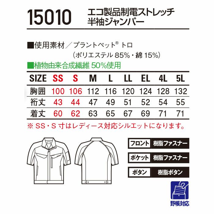 15010 エコ製品制電ストレッチ半袖ジャンパー 自重堂 Jichodo 春夏 作業服 作業着 SS～5L ポリエステル85％・綿15％ プラントペットトロ