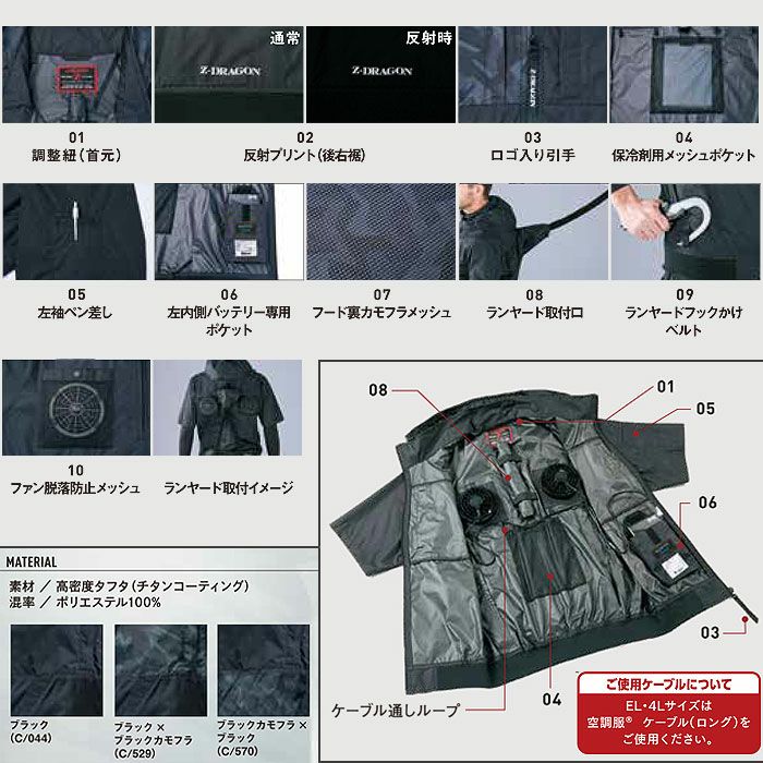 74400 空調服Ⓡ半袖ブルゾン 自重堂 Z-DRAGON 春夏 作業服 作業着 S～4L ポリエステル100％ 高密度タフタ 空調服専用