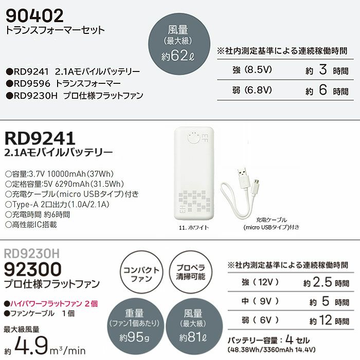  90402 RD9241＋RD9596＋RD9230H 2.1Aモバイルバッテリーとプロ仕様フラットファントランスフォーマーのデバイスセット 大川被服 春夏作業服 作業着 空調風神服専用