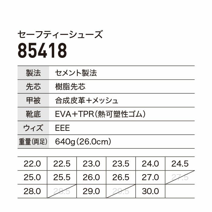 85418 セーフティーシューズ XEBEC ジーベック 安全靴 22.0～30.0cm 樹脂先芯 合成皮革＋メッシュ