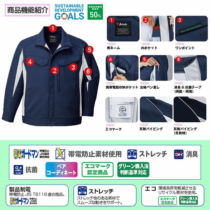 11000 エコ製品制電ストレッチジャンパー 自重堂 Jichodo 秋冬 作業服 作業着 SS-5L ポリエステル95％・綿5％ プラントペットストレッチ裏綿ツイル