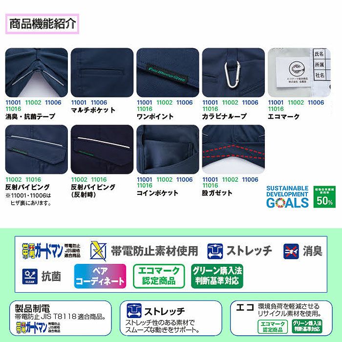 11006 エコ製品制電ストレッチレディースパンツ 自重堂 Jichodo 秋冬 作業服 作業着 59-101cm ポリエステル95％・綿5％ プラントペットストレッチ裏綿ツイル
