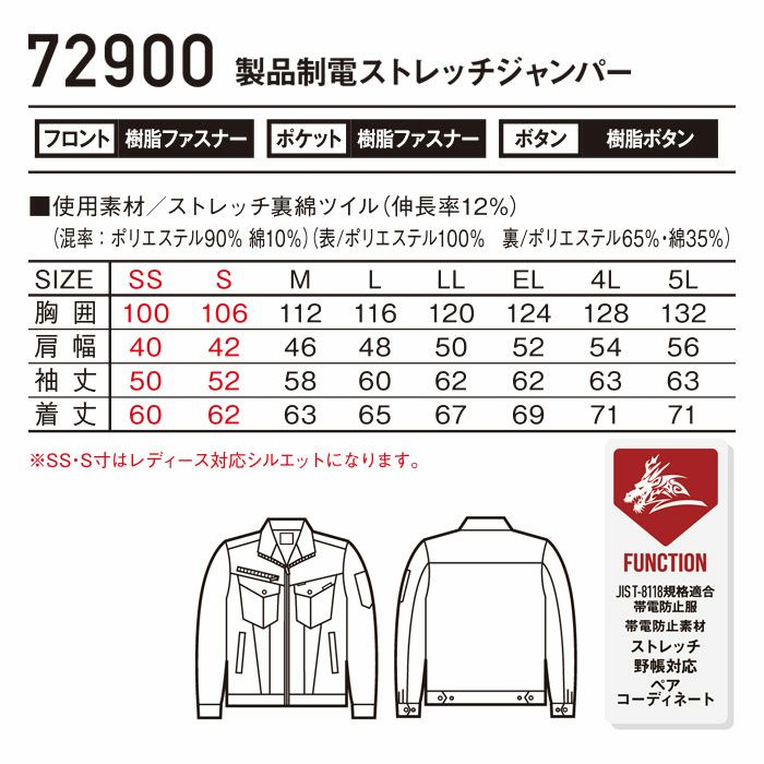 72900 製品制電ストレッチジャンパー 自重堂 Z-DRAGON 秋冬 作業服 作業着 SS-5L ポリエステル90％・綿10％ ストレッチ裏綿ツイル