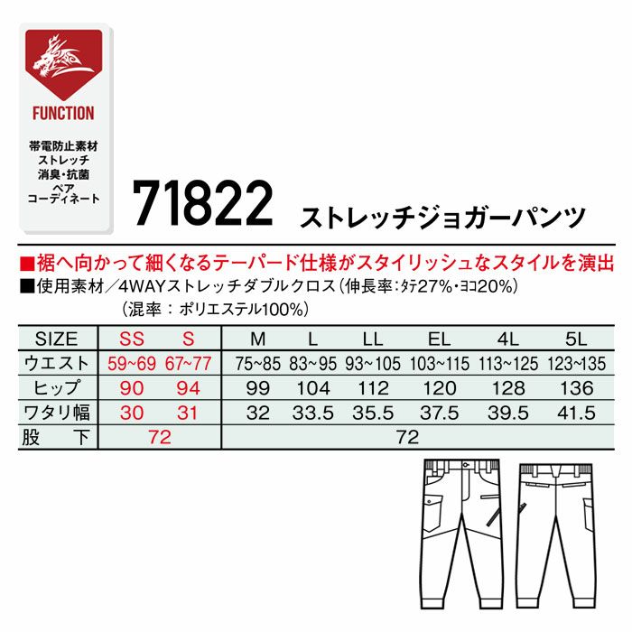 71822 ストレッチジョガーパンツ 自重堂 Z-DRAGON 秋冬 作業服 作業着 SS-5L ポリエステル100％ 4WAYストレッチダブルクロス