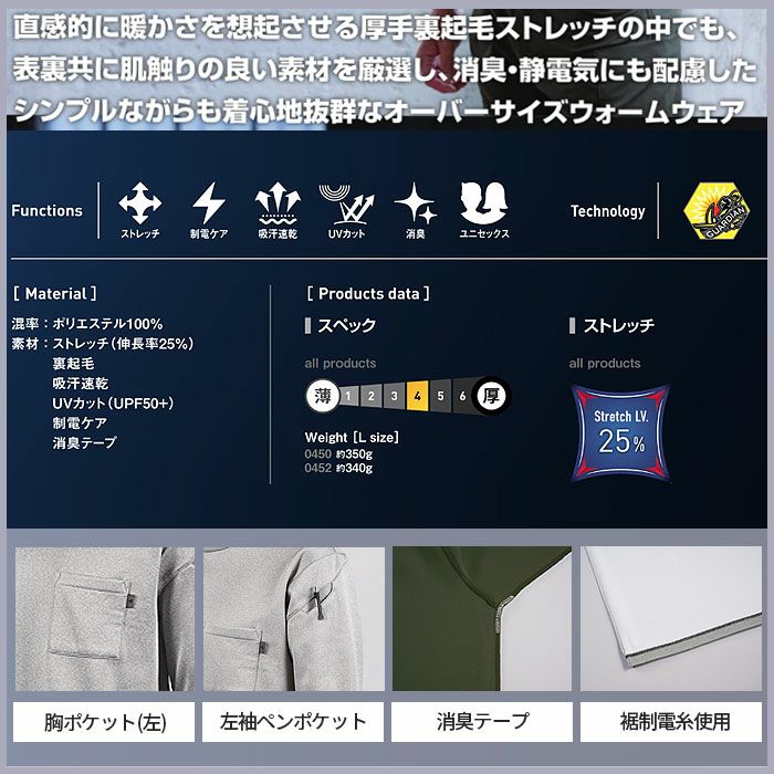 0450 ウォームフィットロングポロシャツ SHINMEN シンメン 秋冬 作業服 作業着 S～5L ポリエステル100％