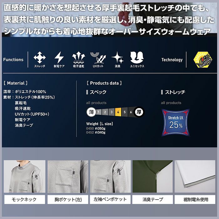 0452 ウォームフィットロングモックネックシャツ SHINMEN シンメン 秋冬 作業服 作業着 S～5L ポリエステル100％