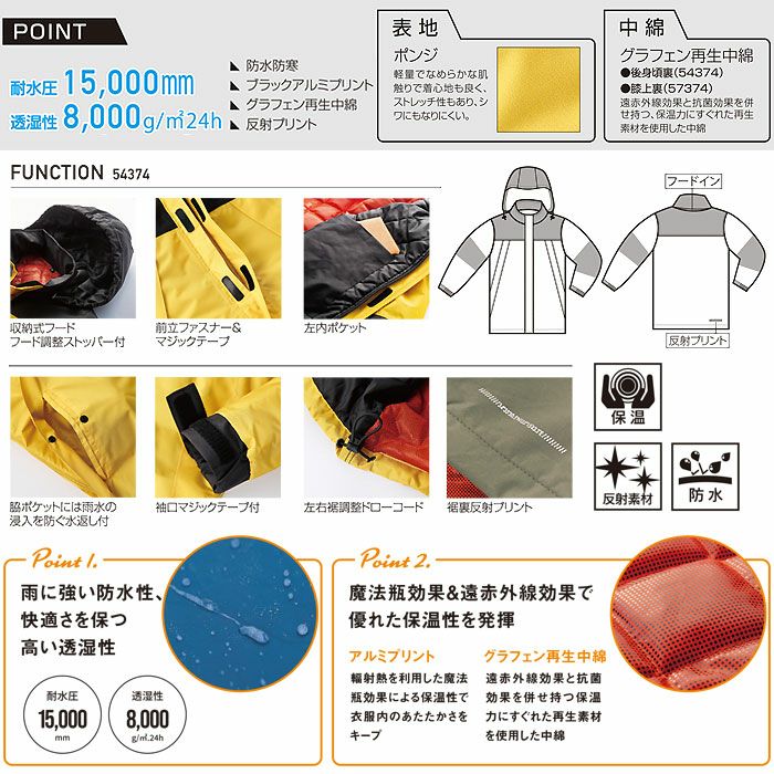 54374 防水防寒ジャケット kurodaruma クロダルマ 防寒着 防寒ウェア S～5L ポリエステル100％ ポンジ